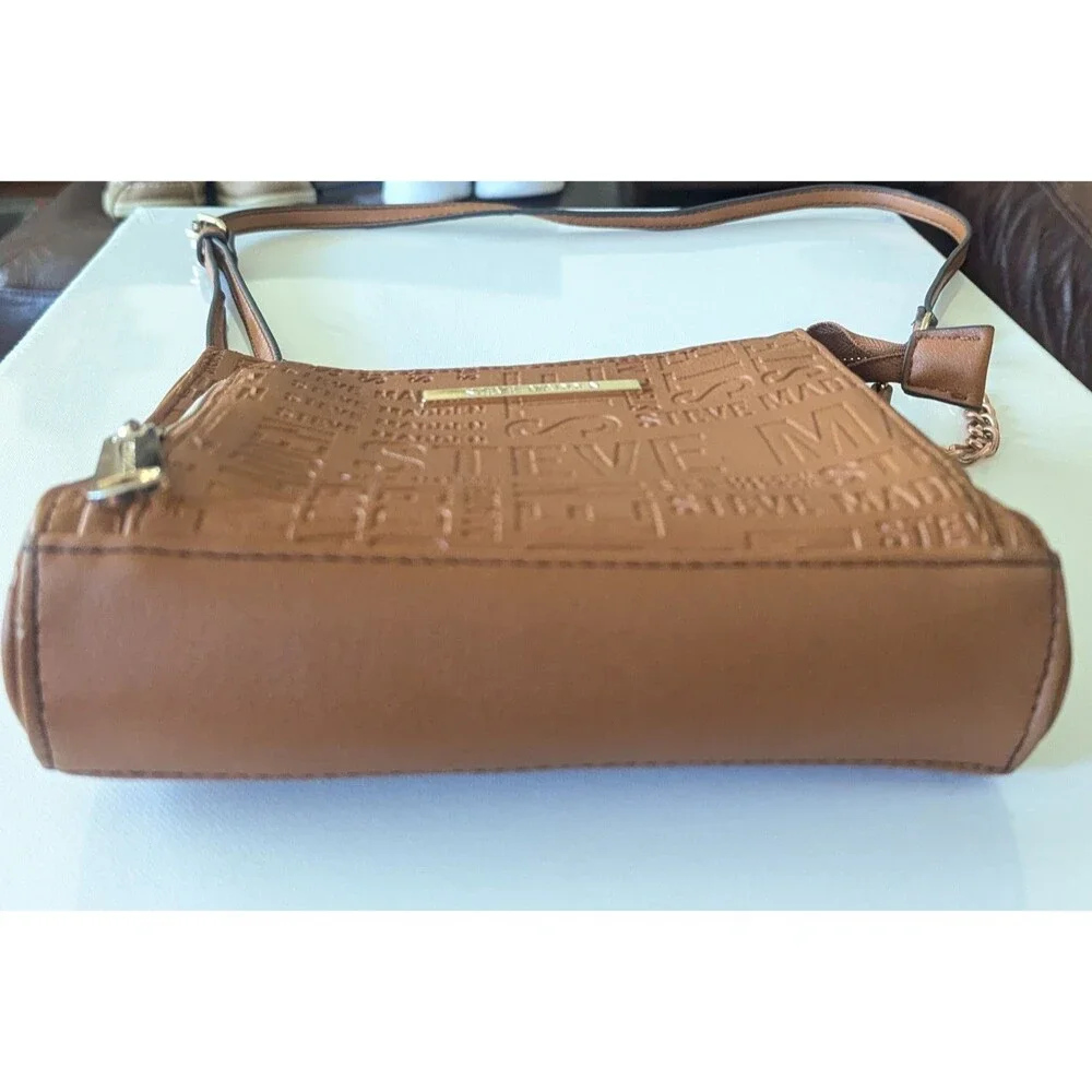 Steve Madden Purse Brown Cognac Logo Embossed Faux Leather Crossbody Bag Gold